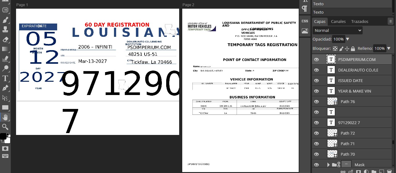 Louisiana TEMPORARY Car Title Certificate Template